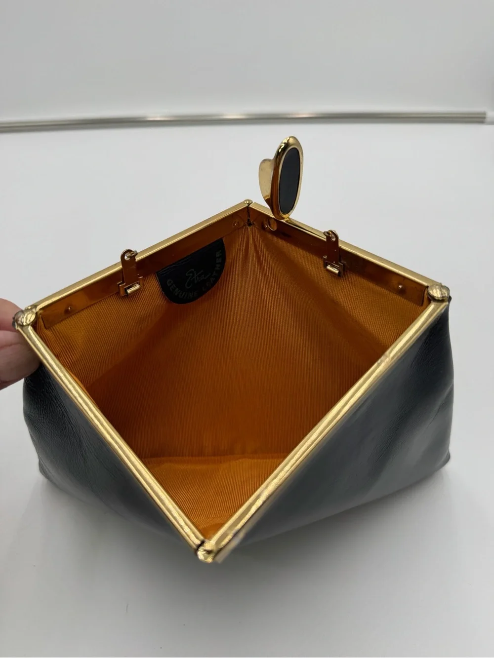 Vintage Etra Genuine Leather Navy Blue Clutch Purse Gold Chain Evening Bag